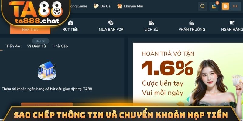 Sao chép thông tin và chuyển khoản nạp tiền TA88